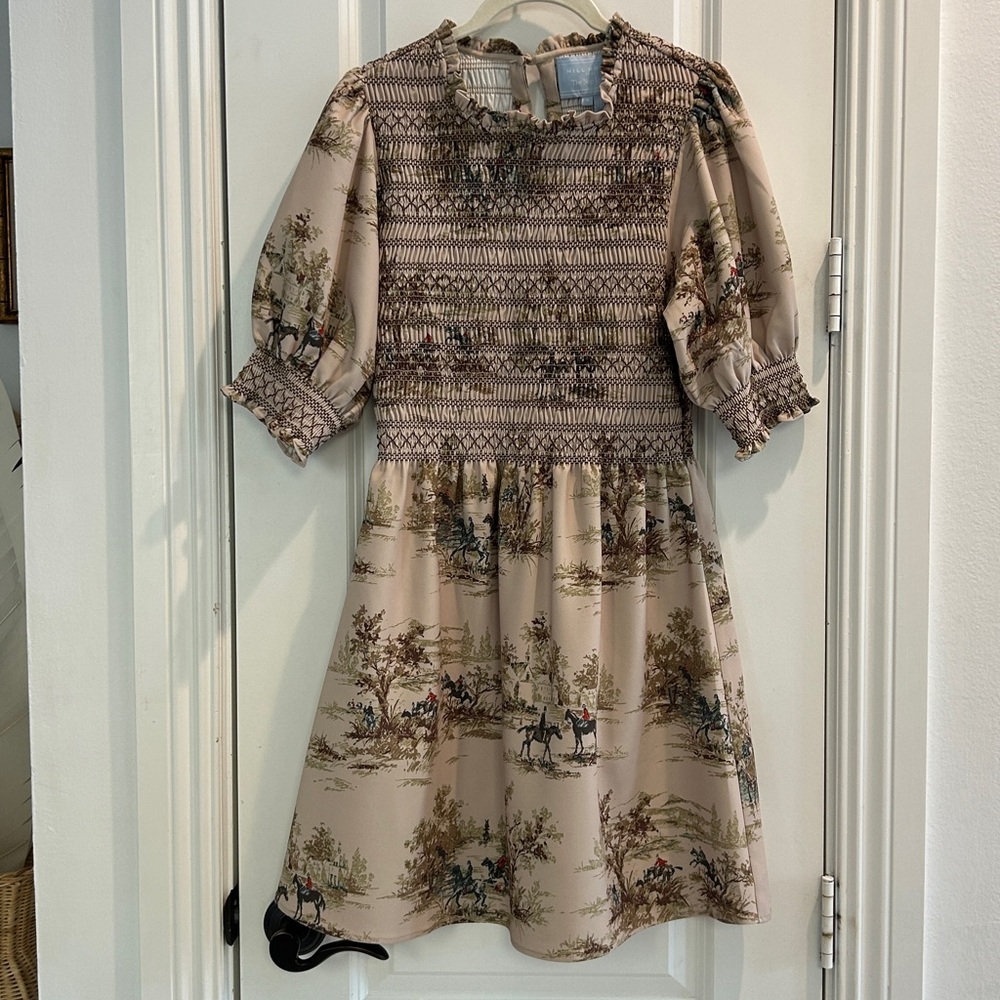 Hill House ladies Equestrian Smocked Dress with Scenic Print